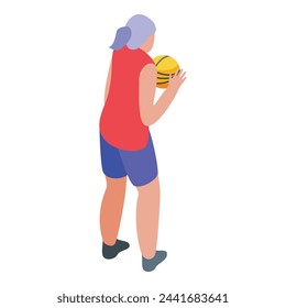Senior woman take ball icon isometric vector. Outdoor basketball. Play retirement