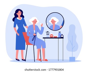 Senior woman taking care about facial skin. Lady sitting at mirror, daughter or cosmetologist standing behind flat vector illustration. Skincare concept for banner, website design or landing web page