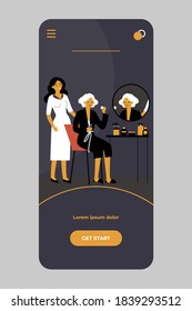 Senior woman taking care about facial skin. Lady sitting at mirror, daughter or cosmetologist standing behind flat vector illustration. Skincare concept for banner, website design or landing web page
