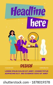 Senior woman taking care about facial skin. Lady sitting at mirror, daughter or cosmetologist standing behind flat vector illustration. Skincare concept for banner, website design or landing web page