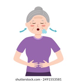 Senior woman taking a deep breath in flat design. Breathing exercise.