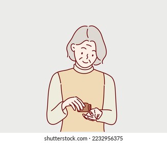 senior woman taking drugs pills. Hand drawn style vector design illustrations.