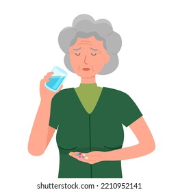 Senior Woman Taking Medicine For Illness Treatment. Old Woman Take Vitamin Or Supplement Capsule Pill With Water.