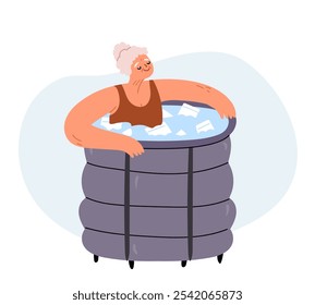 Mulher idosa tomando banho portátil da cápsula do gelo para o conceito do rejuvenescimento. Ilustração de vetor desenhada à mão plana isolada em branco. 