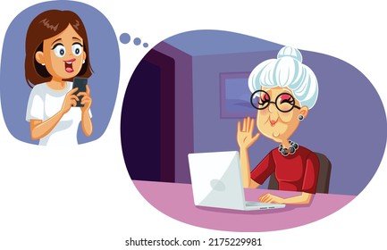 
Senior Woman Talking on a Video Call with Her Daughter Vector Cartoon. Happy family connecting via video conference app internet technology 
