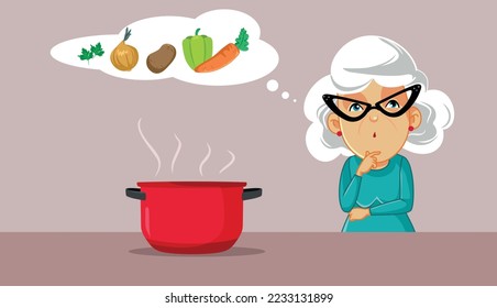 
Senior Woman Thinking about Making a Vegetables Soup Vector Cartoon. Granny trying to remember all the ingredients for her homemade meal
