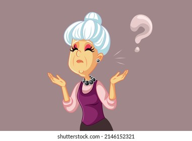 
Senior Woman Thinking Having Many Questions Vector Illustration. Elderly lady feeling indecisive asking herself what to do
