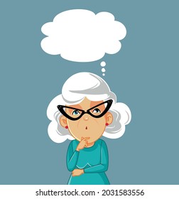 Senior Woman Thinking and Wondering Vector Cartoon. Elderly lady making plans looking for a solution
