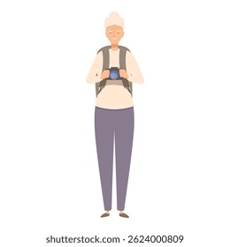 Senior woman tourist is taking pictures with a professional camera during her travel