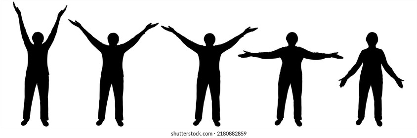A senior woman in a tracksuit performs physical exercises. Charging for the elderly. Women stand in a row and move their hands in different directions. Five black female silhouettes isolated on white