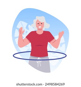 Senior woman training with hoop. Active retired character doing gymnastics exercises. Cartoon elderly grandmother perform fitness practice. Healthy sport lifestyle vector flat illustration
