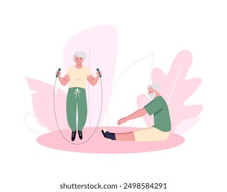 Senior woman training with jump rope. Active retired male character doing gymnastics exercises. Cartoon healthy sport lifestyle vector flat illustration on pink floral background