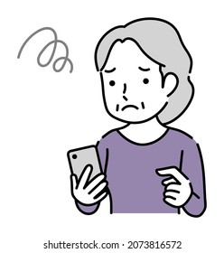Senior woman in trouble operating a smartphone

