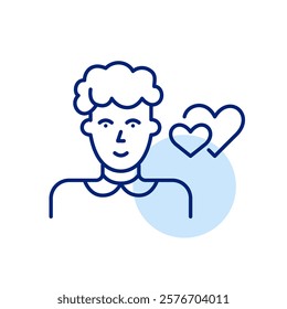 Senior woman and two hearts. Dating app for all ages. Older people looking for love and romance. Pixel perfect, editable stroke icon