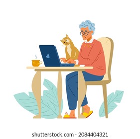 Senior woman typing on laptop flat vector illustration. Isolated on white.