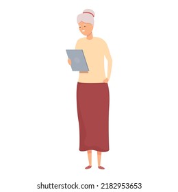 Senior woman use tablet icon cartoon vector. Old person. Mobile computer