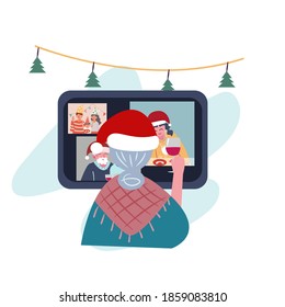Senior woman using computer connect online with friends and family on Christmas and New year celebration. Cartoon flat vector illustration. Party online, video call, family gathering concept.