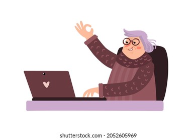 Senior woman using laptop for communicate with her friends. Eldery modern lady at home connected for internet, she has talking online. Hand drawn vector illustration isolated on white. Flat design