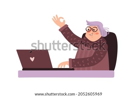 Senior woman using laptop for communicate with her friends. Eldery modern lady at home connected for internet, she has talking online. Hand drawn vector illustration isolated on white. Flat design