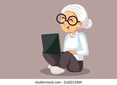 
Senior Woman Using a Laptop Vector Cartoon Illustration. Older lady browsing and watching a show on her notebook
