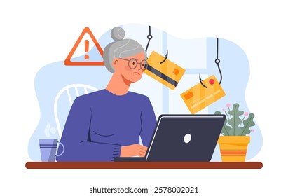 A senior woman using a laptop with a worried expression, phishing hooks grabbing credit cards in background, and warning sign. Concept of online fraud. Vector illustration