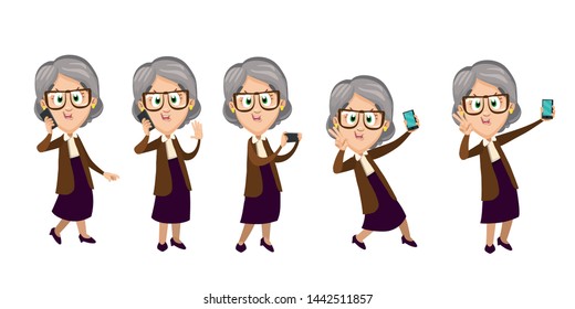 Senior woman using modern technologies, gadgets and devices. Elderly teacher speaking by cellphone. Lady pensioner taking selfies with smartphone. Vector cartoon clipart isolated on white background.