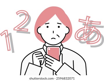 Senior woman using smartphone with numbers and “A” word in Japanese