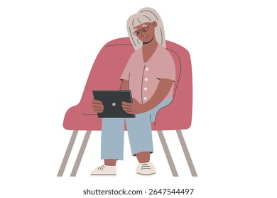 Senior woman using tablet. Flat vector isolated illustration of elderly lady sitting in chair with device. Perfect for topics on digital literacy, aging, independence, healthcare, and technology.