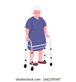 Senior woman using walker flat color vector faceless character. Granny walking with helper medical equipment. Old lady with crutches isolated cartoon illustration for web graphic design and animation