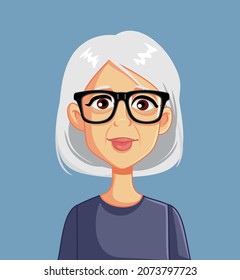 Senior Woman Vector Cartoon Portrait. Elderly Granny Looking Stylish And Fabulous With Grey Hair
