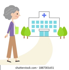 A senior woman visiting a hospital.