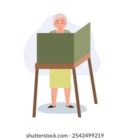Senior Woman in Voting Booth. Elderly Citizen Exercising Rights