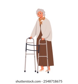 Senior woman with walking aid or crutch hand drawn vector cartoon flat illustration on white. Elderly health care concept. Senior retirement. Old people with disabilities moving with supporting tool