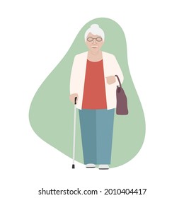 Senior woman walking with cane and bag. Old lady wearing glasses. Modern elegant grandmother. Isolated vector illustration on white background. 