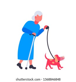 senior woman walking with dog in muzzle grandmother and animal pet having fun best friend concept female cartoon character full length flat