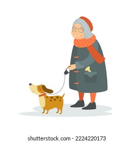 Senior woman walking with dog. Old lady in coat with her pet outdoor. Funny grandmother leading puppy. Happy cartoon characters. Hand drawn vector illustration isolated on white. Flat design