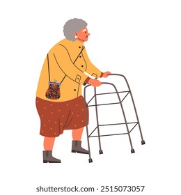 Senior woman walking with the help of a walker. Cartoon elderly female character safety crosswalk, grandmother goes somewhere with a handbag. Vector flat illustration isolated on white