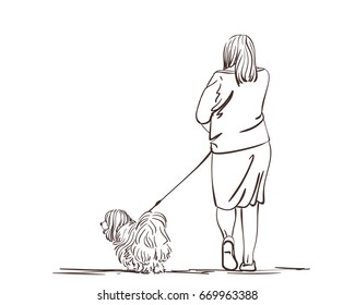 Senior Woman Walking Her Dog, Hand Drawn Illustration, Vector Sketch Isolated On White Background