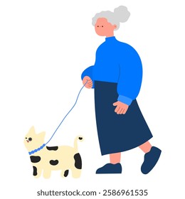 senior woman walking her pet dog flat vector illustration