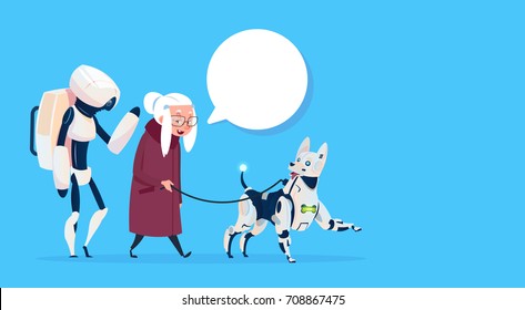 Senior Woman Walking With Robots Dog Chat Bubble Modern Grandmother Lady Flat Vector Illustration