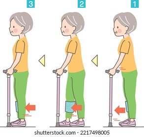 Senior woman walking with sample of how to use cane