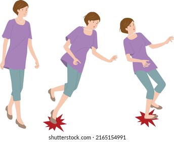 A senior woman with a walking woman stumbling and spraining her ankle