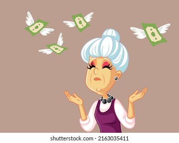 
Senior Woman Watching Money Fly Away Vector Cartoon Illustration. Desperate pensioner with savings affected by inflation and price raises 
