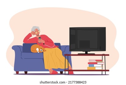 Senior Woman Watching Tv Set, Aged Character Sitting on Comfortable Sofa with Cat Having Fun, Relaxation, Elderly Lady Sparetime Isolated on White Background. Cartoon People Vector Illustration