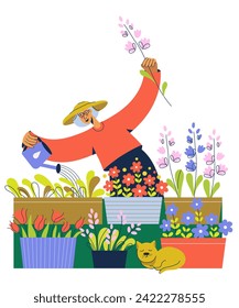 Senior woman watering flowers and plants in pots. Home gardening, plants care, hobby