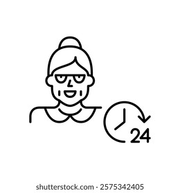 Senior woman wearing glasses and 24 hours clock. Endless caregiving, nursery home or family care. Pixel perfect vector icon