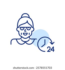 Senior woman wearing glasses and 24 hours clock. Endless caregiving, nursery home or family care. Pixel perfect, editable stroke icon