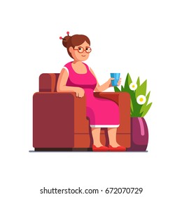 Senior woman wearing glasses sitting in armchair drinking water from a cup. Old lady or grandmother resting comfortably at home living room. Flat style vector illustration isolated on white background