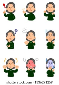 Senior woman wearing a green sweater, set of nine different poses, upper body