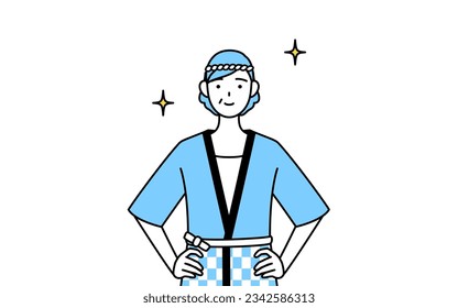 Senior woman wearing Happi coat for summer festivals with her hands on her hips, Vector Illustration